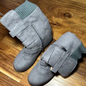 Gray Suede-Look Wedge Booties with Knit Cuff